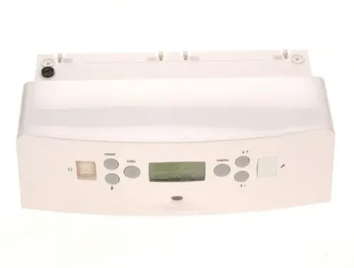 Weißes Steuergerät von Bosch mit Display und Tasten für Einstellungen, Reset und Informationen. Ideal zur Regelung von Heiz- oder Kühlsystemen.